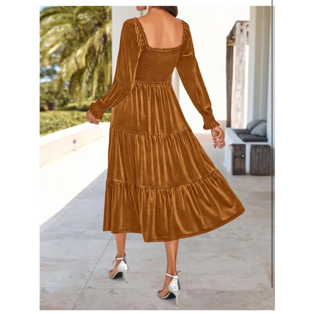 NWT SZ Med Smocked Velvet Tiered Maxi Dress in Mustard - Picture 3 of 5